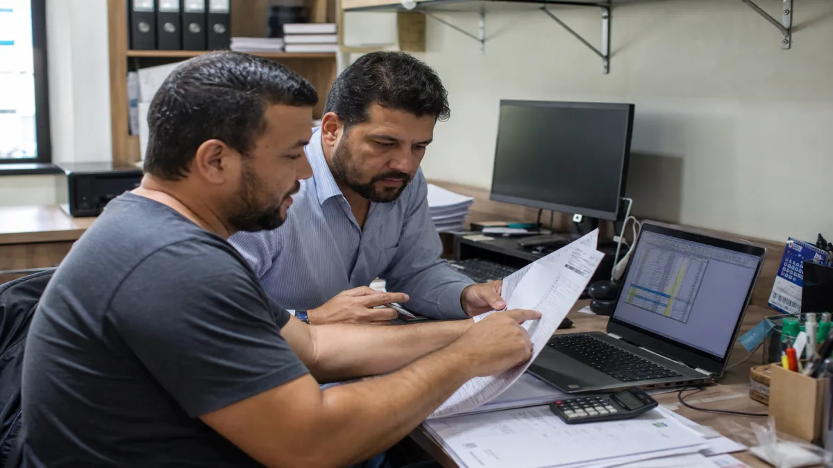 Contabilidade em São Paulo 1 Microempreendedor e contador revisam documentos e guias em atendimento contábil no escritório de contador para MEI.