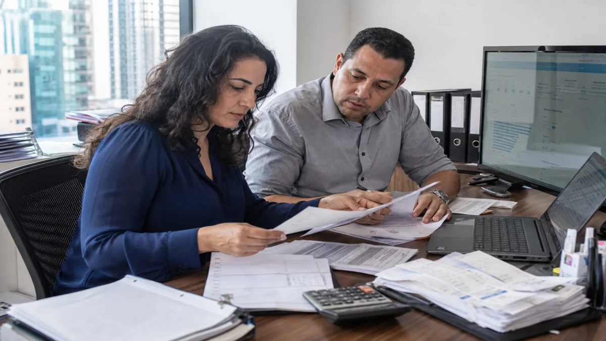 Contabilidade em São Paulo 1 Empresária e contador revisam relatórios fiscais em escritório moderno em São Paulo de revisão tributária anual.
