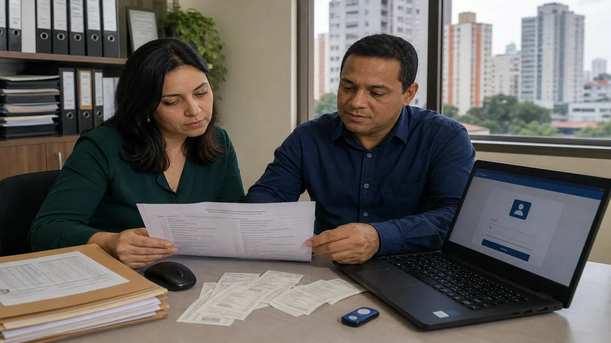 Contabilidade em São Paulo 1 Empresário e contadora analisam checklist e documentos fiscais em escritório, com laptop ao lado de trocar de contador.